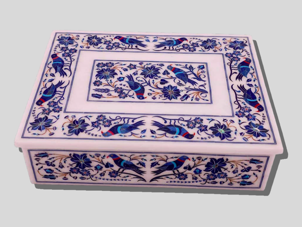 Stylist Jewelry Box Lapis Stone Birds Floral Art